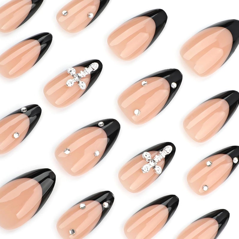 ASABITE 24 Pcs Handmade Almond Press on Nails Short Medium Fake Nails Black French Tip False Nails with Rhinestone Design Artificial Nails Holiday Glue on Nails Reusable Full Cover Stick on Nails for Women - Image 3